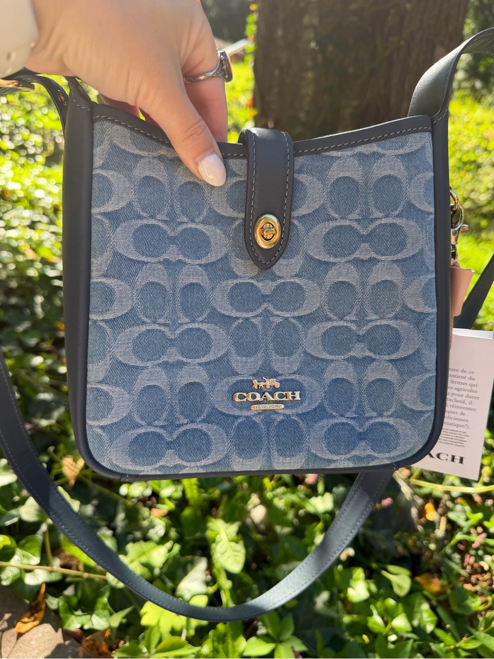Coach NEW Signature Denim Crossbody Bag in Light Blue Navy Leather Trim
